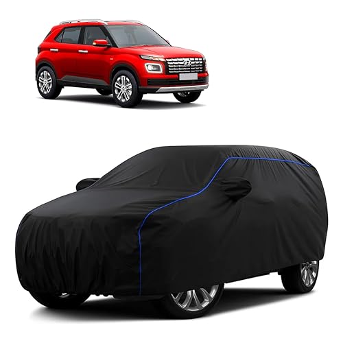 Image of Sulfar 100% Water Resistant Car Body Cover Compatible with Mirror for Hyundai Venue (Triple Stitched, Full Bottom Elastic, Black Tafetta with Blue Piping)