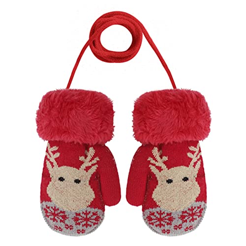 Toddler Kids Mittens Christmas Elk Winter Gloves Full Finger Knitted Mittens with String for Baby Boys Girls Valentines Gift