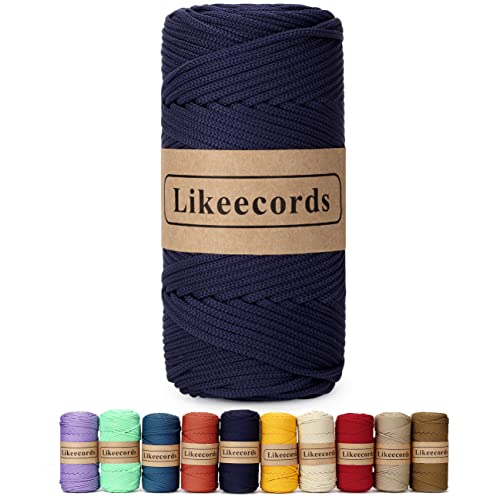 Likeecords 4mm Polyester Braided Macrame Cord 140Yards /426Feet,Elastic Yarn for Crocheting Bag Cord for DIY Crafts,Plant Hangers, Bag, and Home Decorations Dark Blue 02
