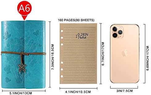 Leather Journal Notebook, Travel Spiral Bound Refillable Diary Notebook, Gifts for Women with Lined Paper Classic Embossed Retro Pendants A6 13 x 18.5 cm (Blue)