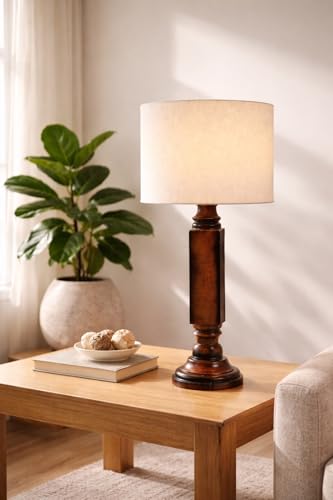 Image of tu casa Mango Wood Table Lamp with Satin Cobra Saffron Print Shade | Handmade Rustic Bedside Lamp for Bedroom, Living Room & Home Decor