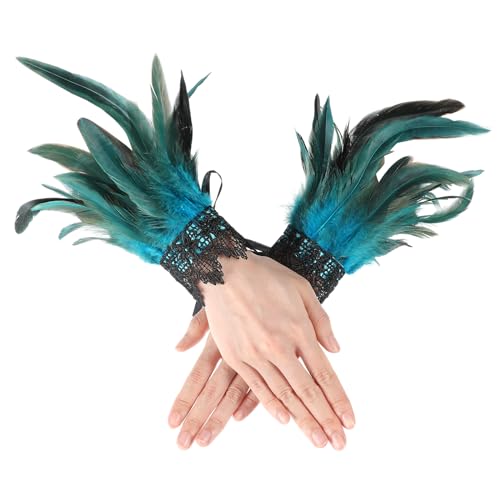 COMNICO Damen Feder-Handgelenkmanschetten, Florale Spitzenflügel-Armbänder Schwarzes Gothic-Mesh-Armband für Cosplay Halloween-Kostüm (Grün)