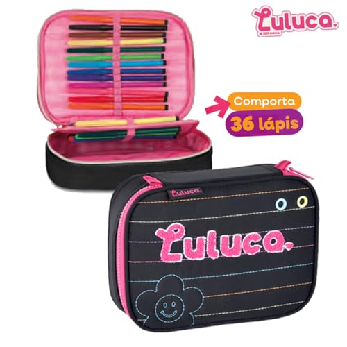 Kit Mochila Luluca Costas Escolar Infantil Lancheira E Estojo Menina Linda com Garrafa de Pandinhas