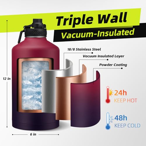 Image of 1 Gallon Water Bottles with Straw Spout Lids, Cold 48H & Hot 24H Gallon jug | Combo Carrier Bag, Paracord Handle & 2 Lids, Protective Boot, Stainless Steel Insuated Water Bottle For Travel Sports Gym