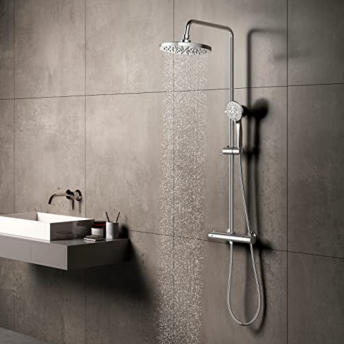 KOMIRO Colonne de Douche Thermostatique, Colonne Douche avec Mitigeur Thermostatique ,Douchette à Mains 3 Jets et Douche à Pluie, Ensemble de Douche Hauteur Réglable Cover
