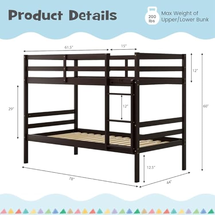 Twin Over Twin Bunk Bed, Space Saving Wood Bed Frame w/Under Bed Storage, Ladder & Guardrail, Dorm & Multichild Family, Modern Bunk Bed for Kids, Teens, Sleepovers, Adults (Espresso)