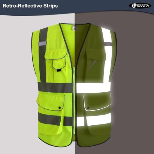 JKSafety 9 Pockets Class 2 High Visibility Zipper Front 6 Pack Safety Vest With Reflective Strips,Meets ANSI/ISEA Standard (155 Yellow XL)