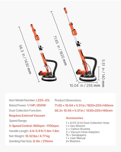 Vevor Levigatrice Cartongesso Per Pareti Levigatrice Elettrica A Disco Per Cartongesso 850 W, Strumento Per Levigatura Soffitti Pareti 5 Velocità Variabili 800-1700 Giri/Min, Manico Estensibile - 7