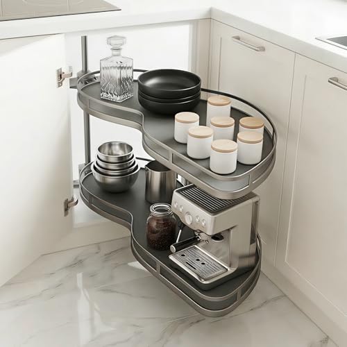Blind Corner Cabinet Pull Out Organizer 12 14 16 18 Inch, 2 Tier Kitchen Cabinet Organizer, Heavy Duty Adjustable Lazy Susan Shelf with Soft Close, Left or Right Mount for Blind Corner Cabinets