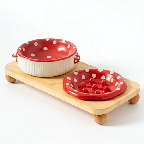 Yrouzao Ceramic Elevated Dog Cat Food Bowl Set with Wooden Stand, Raised Cat Slow Feeders, no Black Chin, Pet Food and Water Dishes, for Kitten Pubby Small Animal
