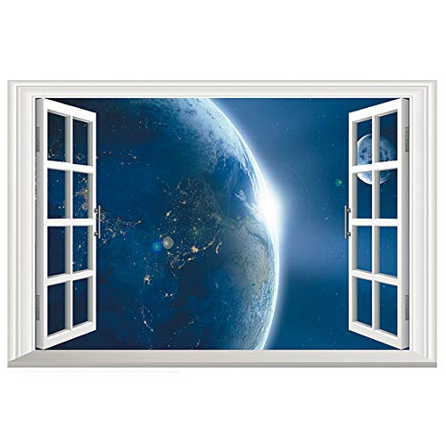 Dnven Faux Window Decals Galaxy Outer Space Earth False Window Mural 3D Full Color Vinyl Bedroom Living Room Playroom Wall Stickers 24 Inches X 16 Inches #TOP30