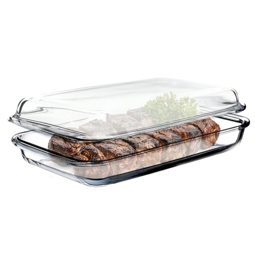 KADAX Cacerola rectangular de 6 l de vidrio resistente al calor con tapa, apto para lavavajillas, platos para asar, cazuela de cristal para lasaña, pasteles (transparente)