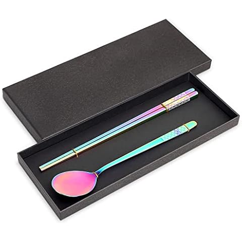 Metal Chopsticks and Spoon Set Titanium Stainless Steel Reusable Dishwasher Safe Lightweight Japanese Style Chopsticks Spoon Gift Set(Rainbow Gradient- Wave Pattern) Cover