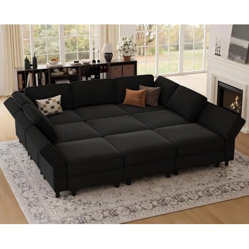 Belffin 88.6" 9 Seat Modular Sectional Sofa,Comfy Couch with Deep Storage Seat,Convertible Modular Sleeper Sofa with Movable Ottoman Chaise,Upholstered Sectional Couches for Living Room,Blac