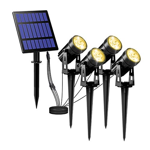 T-SUNRISE IP65 - Foco solar de 3 W, impermeable, para exteriores, iluminación de paisaje, luz de pared, con 4 focos de luz blanca cálida para árbol, patio, jardín