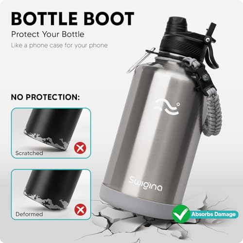 Image of Swigina [2-IN-1 LID] 64 oz Insulated Water Bottle with Silicone Boot (48hrs Cold /24hrs Hot) - DIY Stickers, Leakproof, BPA Free, Half Gallon