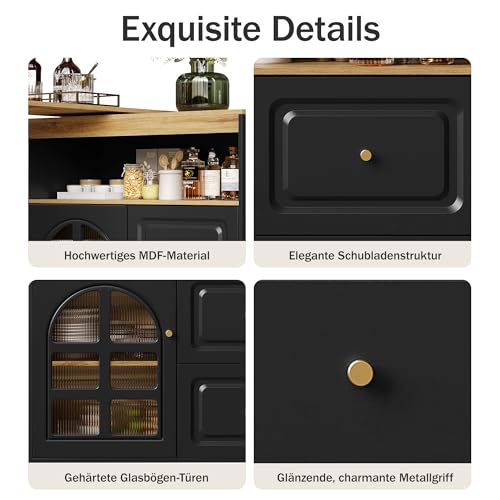STAPERFO Rotatif à 360° et extensible avec verre arqué et 2 tiroirs : buffet noir avec étagère à collations, pour salon, salle à manger, chambre à coucher, 138-204 x 39 x 104 cm – vue 5
