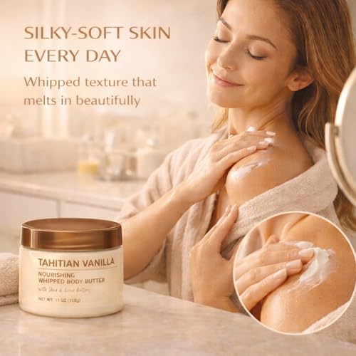 Whipped Body Butter, Tahitian Vanilla Scent, 11 oz Moisturizing Body Cream with Smooth Whipped Texture for Daily Skin Care Use