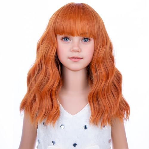 Image of PATTNIUM Kids Orange Wig Child Ginger Wig with Bangs Short Wavy Auburn Wigs for Girls Shoulder Length Heat Resistant Synthetic Wigs