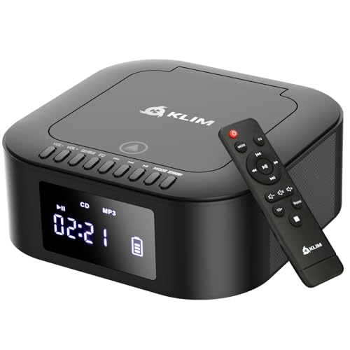 KLIM Boombox E1 - Reproductor de CD portátil - Bass Boost con Subwoofer - Radio FM y batería Recargable - Bluetooth, MP3, AUX, CD-ROM, USB - Radio CD portátil con Mando - Negro/Plata
