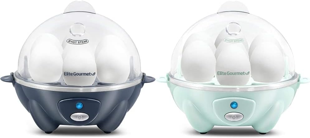 Bundle of Elite Gourmet EGC007BG Rapid Egg Cooker, Hard, Medium, Poacher, Auto Shut-Off, Alarm, 16-Recipe Book, Slate Blue + Elite Gourmet EGC007M Rapid Egg Cooker, Omelet, Auto Shut-Off, Alarm, Mint