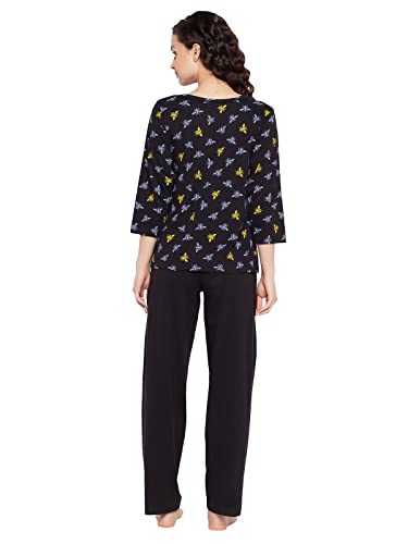 Image of Clovia Cotton Women's Fly Print Top & Solid Pajama Set