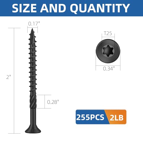 Image of #8 x 2 Heavy-Duty Deck Screws - Black Long Outdoor Wood Screws, Torx Drive with T25 Bit, Rust Resistant for Wood Decking and Fence (2lb,255Pcs)