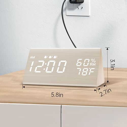 JALL Digital Alarm Clock, with Wooden Electronic LED Time Display, 3 Alarm Settings, Humidity & Temperature Detect, Wood Made Electric Clocks for Bedroom, Bedside, Desk, White - Thumbnail 7