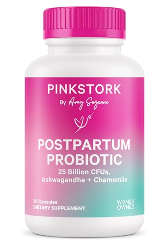 Image of Pink Stork Postpartum Probiotics with Ashwagandha and Chamomile, Postpartum Essentials for Hormone Balance, Mood Support, Gut Health, Digestive Wellness, Postnatal Vitamins for Women, 30 Capsules