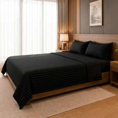 Image of Living Roots Glace Cotton 180 TC Double Bedsheet with 2 Pillow Covers |King Size 90 x 108 Inches |Soft, Breathable & Durable |Fits Mattress up to 6 Inches |No Colour Bleeding (Black)