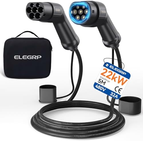 ELEGRP Typ 2 Ladekabel, 22kW 5M 32A 3-Phasig, Typ 2 auf Typ 2 Mode 3 Ladekabel für Elektroauto EV/PHEV mit Tragetasche, Geeignet für Model S/3/X/Y, VW ID.3 ID.4 e-Golf und andere E
