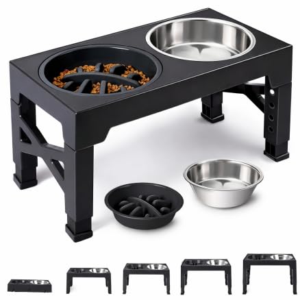 Ciotole per Cani Rialzate Regolabili – Set 3 con 1 Ciotola Acciaio Inox + 1 Ciotola Anti Ingozzo in Plastica – Supporto Antiscivolo per Cani di Taglia Media e Grande