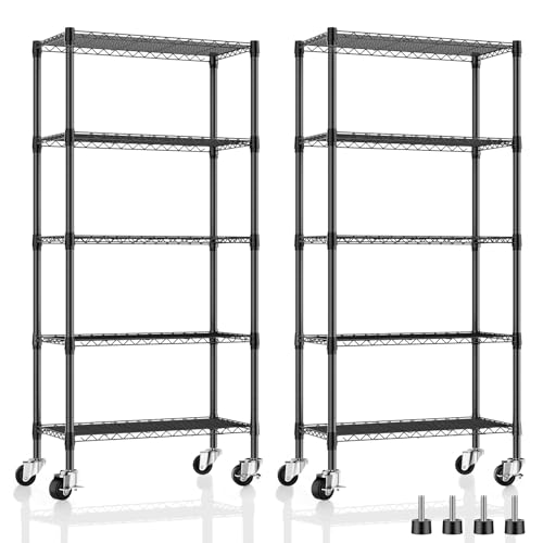 2 Pack 5 Tier Shelving Unit Wire Rack, Heavy Duty Adjustable Shelf Rolling Storage Shelves with Wheels, 14