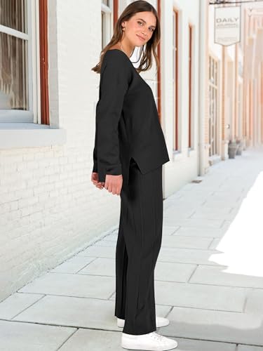 ANRABESS Conjunto de 2 peças de suéter feminino de tricô com gola redonda, calça de perna larga, con