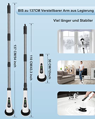 Elektrische Reinigungsbürste,Electric Spin Scrubber schnurlos mit 8 austauschbaren Bohrbürstenköpfen, Wanne und Bodenfliese mopSet mit 137cm verstellbarem Griff für Bad Küche Auto Fußboden (Weiß)