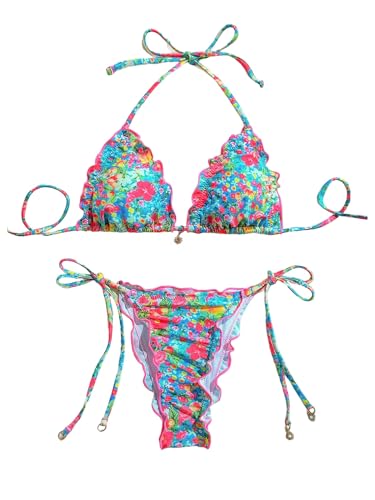 Women's 2 Piece Floral Halter Bikini Set Ruffle Trim High Cut String Swimsuits Boho Bathing Suits