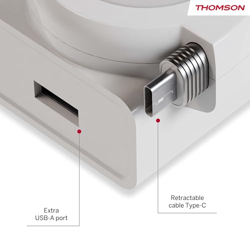 Chargeur rapide 22,5W Thomson Go avec câble rétractable USB-C et USB-A blanc compact - 4