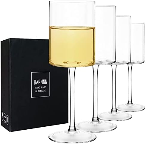 Red or White Wine Square Glasses With Stem set of 4 - 14oz Crystal Unique Modern Design - Large Long Stem wine glass Hand made 100% Lead-free glass - Entertaining Drinkware
