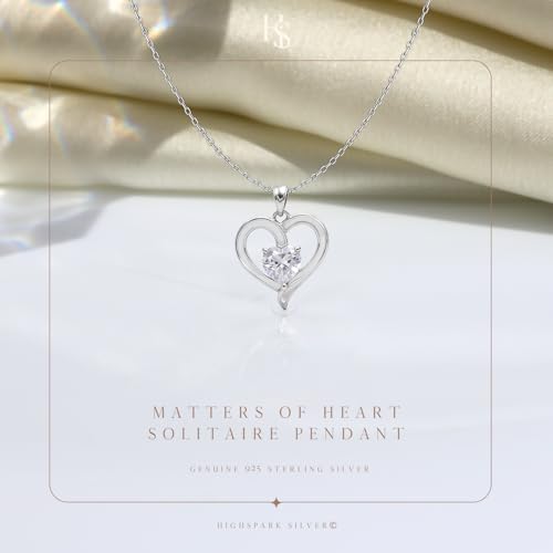 Image of HighSpark 925 Silver Solitaire Heart Pendant | 92.5 Sterling Silver & Diamond-Like Brilliance Sparkling Zirconia | Lovely Gift