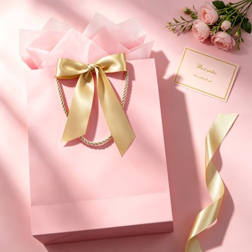 Image of JMANNI Pink Day Gift Bag, 1PCS 13 inch Gift Bags with Ribbon and 1 Greeting Cards 2 Tissue Paper, Portable Paper Gift Bag with Handles,Present Bags for Birthday Wedding Party Mothers Day