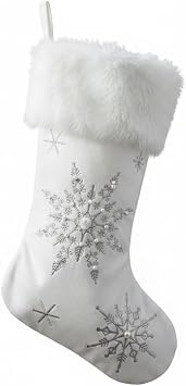 Comfy Hour 18" White Velvet Christmas Stocking, Soft Snowflake Embroidery with Faux Fur Trim, Elegant Holiday Mantel Hanging Decor, Winter Celebration Accent, Artisan Crafted Textile, 1 Unit