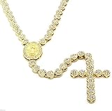 Firewings 14k Yellow Gold Plated CZ Iced Out Rosary Flower Pendant Cross Guadalupe Necklace Hiphop Chain