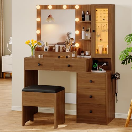 Image of Vanity Desk with Mirror and Lights, Makeup Vanity Table Set with 5 Storage Drawers, Power Outlet & Chair, Small Dressing Table with RGB Ambient Light, Adjustable Brightness for Girls Bedroom, Walnut