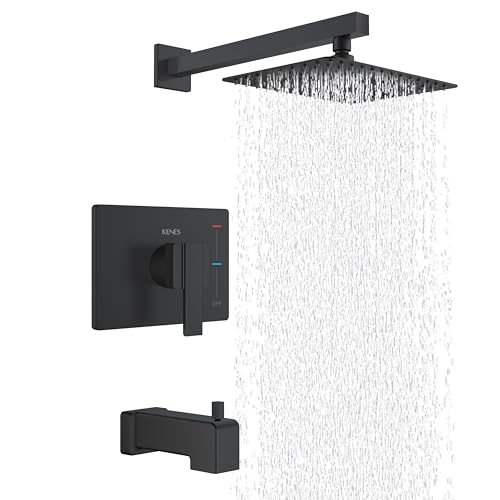 KENES Matte Black Tub Shower Faucet Set Complete with 10-Inch Rainfall Shower Head and Tub Spout, Square Tub and Shower Trim Kit, KE-6024A-2 (Shower Valve Included)