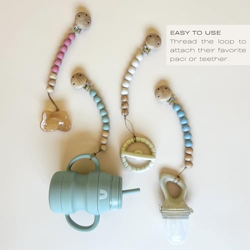 Hippypotamus Pacifier Clips - Silicone Holder for Baby’s Binky & Teething Toys - Set of 4 (Sand/Rose/Sage/Stone)