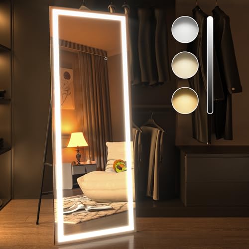 Image of pertetey 65X24 Inch LED Full Length Floor Mirror with Lights, Black Frame Lighted Dimmable & 3 Color Modes Full Body Dressing Standing Wall Mounted for Living Room, Bedroom