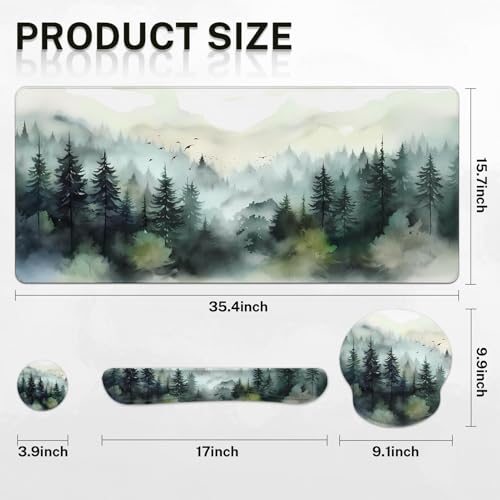 Britimes Keyboard Mouse Pad Set 4in1 Large Mousepad+Keyboard Wrist Rest+Mouse Wrist Rest+Coaster Set with Ergonomic Design for Home Office Computer 35.4x15.7Inches (Green Ink Style Mountain Forest) - Thumbnail 2