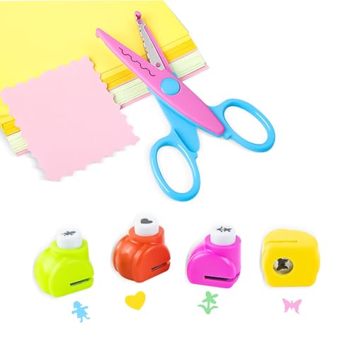 Perforatrice Scrapbooking, 4pcs Perforeuse avec Ciseaux Cranteurs pour Enfants, Creative Perforatrice de Papier, Perforeuse Papier pour DIY Scrapbooking...