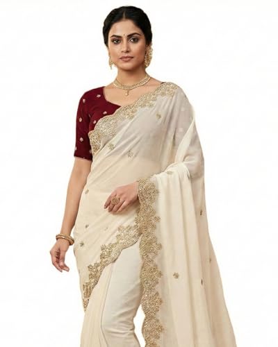 Image of Handcrafted Floral Embroidered Saree with Contrast Blouse