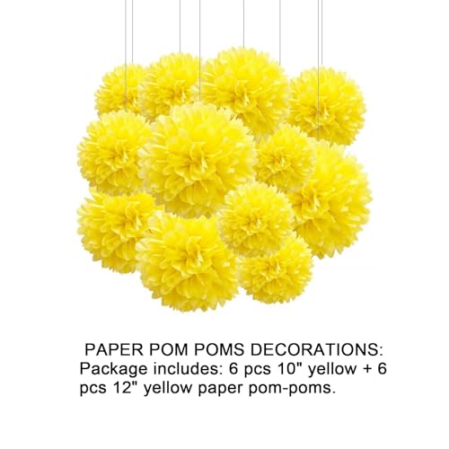 Image of Aimto 12pcs Yellow Paper Pom Poms Decorations for Party Ceiling Wall Hanging Tissue Flowers Decorations - 1 Color of 12 Inch, 10 Inch